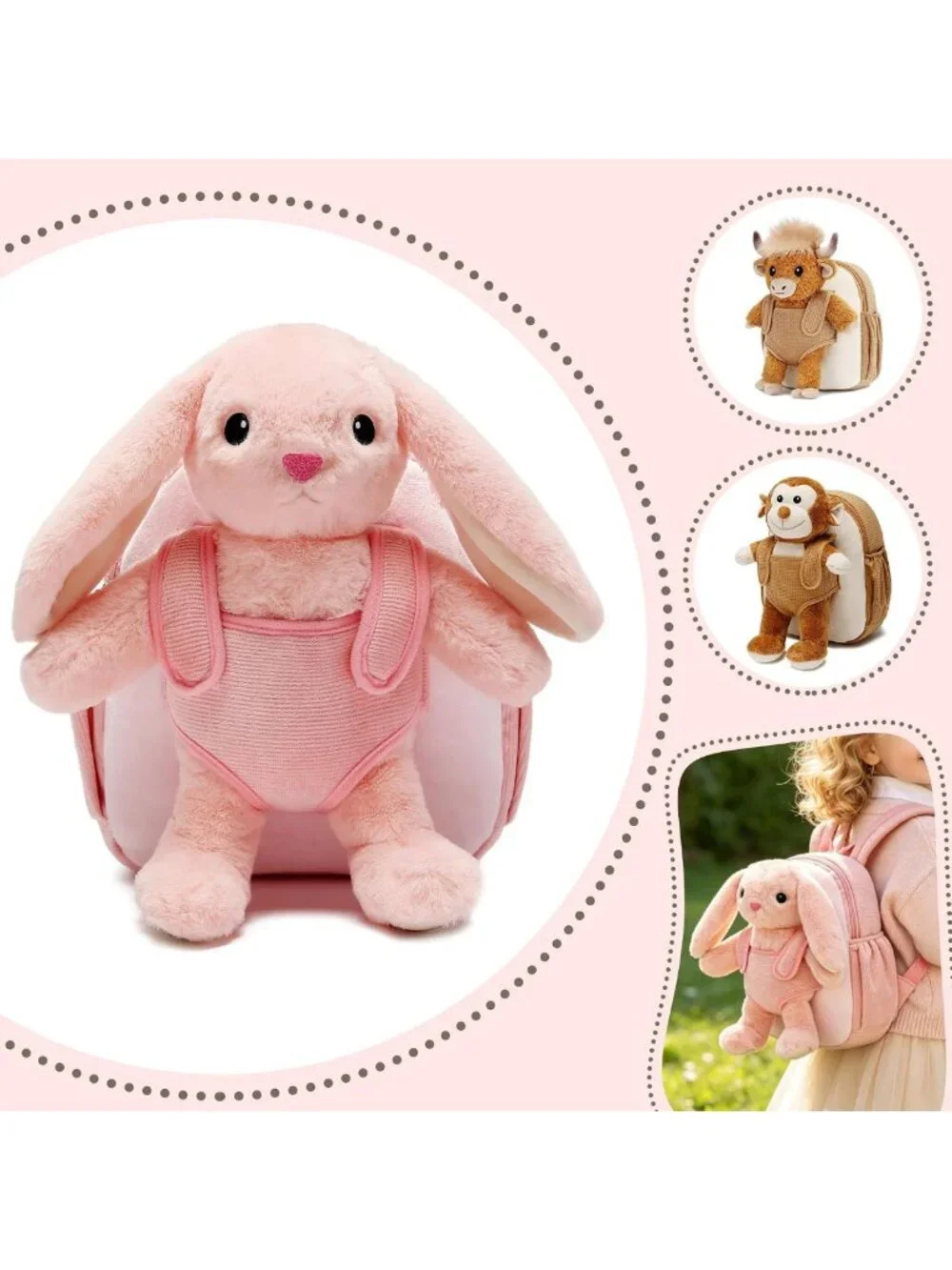 Soft Pink Bunny Toddler Backpack with Removable Plush Cuddle Buddy, Perfect Gift